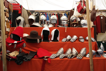 DINAN, FRANCE - JULY 2014  market stall with knight equipment at a Knights Festival on July 20, 2014 in Dinan, Franceのeditorial素材