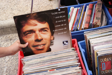 FRANCE - JULY 2014  LP record of the Belgian singer-songwriter Jacques Brel 1929 ? 1978 on a flea market on July 20, 2014 in Brittany, Franceのeditorial素材