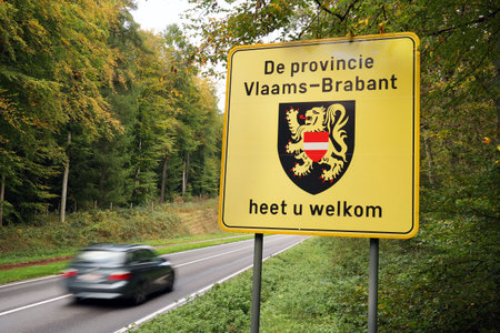 BELGIUM - OCTOBER 2014: Welcome sign of Flemish Brabant a province of Flanders, one of the three regions of Belgiumのeditorial素材