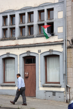 VERVIERS, BELGIUM - JULY 2014: Palestinian flag at a home in an immigrant neighborhood in Verviers, Belgiumのeditorial素材
