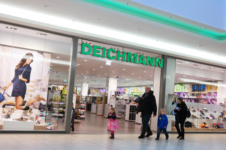 MEPPEN, GERMANY - FEBRUARY 2015: Entrance of a Deichmann foot-wear store. Deichmann is a major German shoe and sportswear retail chain with over 3600 branches worldwideのeditorial素材