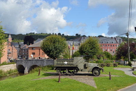 Halftrack, a WW2 Memorial of the 30th Infantry Division - near the bridge of Stavelot, Belgiumのeditorial素材