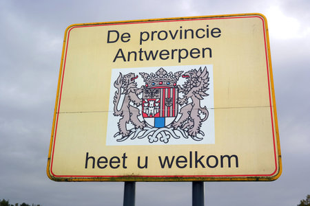 Welcome sign of a province Antwerp province of Flanders, one of the three regions of Belgiumのeditorial素材