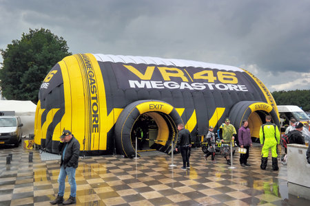 ASSEN, NETHERLANDS - JUNE 2016: Valentino Rossi Megastore on the Dutch TT, a motorcycling event. Valentino Rossi is an Italian professional motorcycle racer and multiple MotoGP World Champion with bike number 46.のeditorial素材