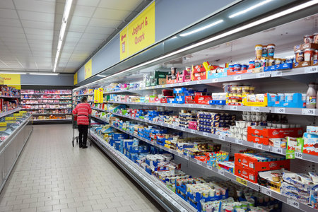 ELTEN, GERMANY - JULY 2017: Interior of a Net Marken-Discount supermarket. Net Marken-Discount is a German supermarket chain, owned by the largest German supermarket cooperative Edeka Group.のeditorial素材