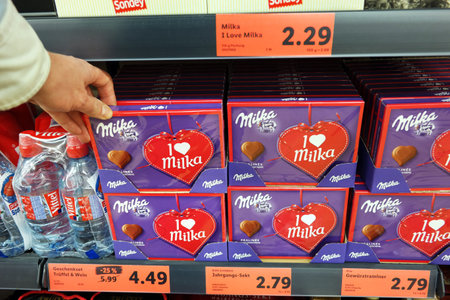 GERMANY - JANUARY 2018: I love Milka Chocolate Hearts at a Lidl discount supermarket. Milka is a brand or chocolate confection which originated in Switzerlandのeditorial素材