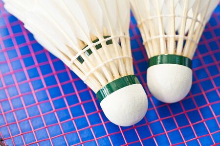 Badminton rackets and shuttlecock isolated on blue backgroundの写真素材