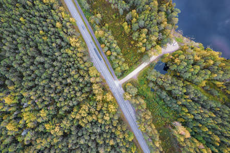 Aerial view from drone of concrete road passing by blue deep lake among autumn pine, foliage forests in yellow green gold colors. Treetops in golden time and empty highway in fall season in mountainsの写真素材