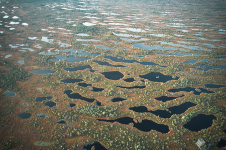 A drone photo of expansive summer swamps with winding streams, tall reeds and grasses, and green and...