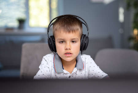 Schoolboy using laptop for studyingの写真素材