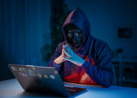 Hacker in mask work on laptop