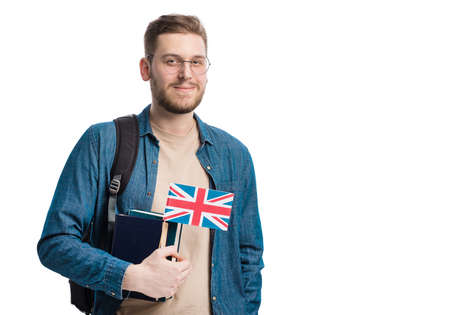 Student holding flag of Great Britainの写真素材