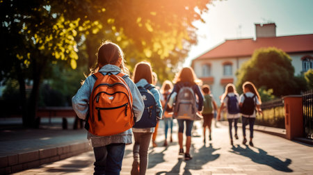 Children with Backpacks in Schoolyardの素材