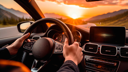 Man driving modern car at sunset timeの素材