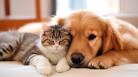 A Cat and a Dog Laying on a Bedの素材