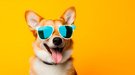 Corgi Dog Rocking Sunglasses on a Vibrant Yellow Backgroundの素材