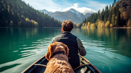 Man and Dog Enjoying a Serene Boat Rideの素材