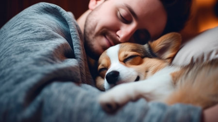 A Man Relaxing in Bed with His Loyal Companionの素材