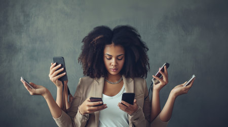 Black Woman with Multi Hands Smartphonesの素材