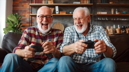 Two Older Men Enjoying Video Game on Couchの素材