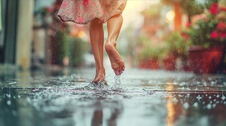 Woman Walking Down Rainy Streetの素材