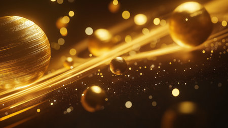 Golden Spheres and Shimmering Particles Create a Cosmic Atmosphere in an Abstract Scene With Vivid Textures and Lightの素材