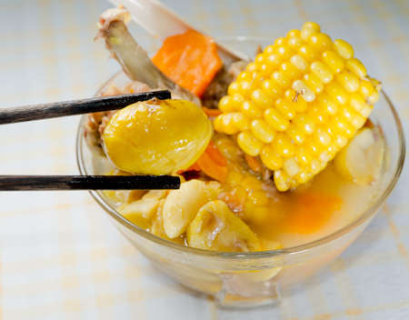 Chinese food chestnut corn carrot soupの写真素材