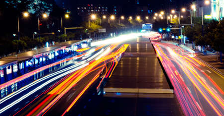 busy big city traffic trail night cityscape at Guangzhou Chinaの写真素材