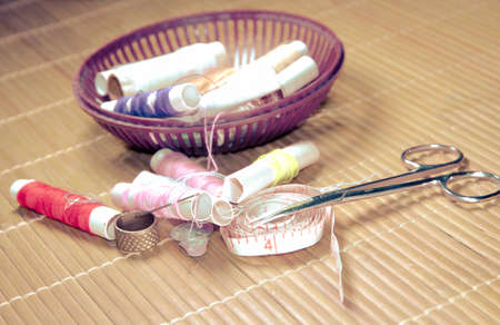 sewing kit spool of threadの写真素材