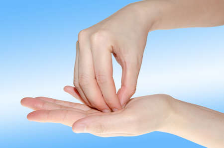 professional medical hand washing gesture isolated on whiteの写真素材