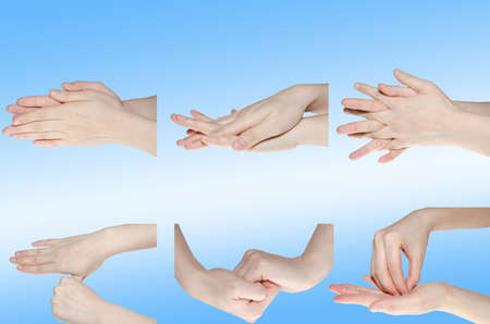 professional medical hand washing gesture isolated on whiteの写真素材