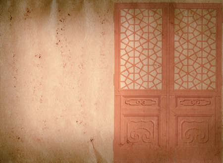 wood door on grunge paper texture backgroundの写真素材