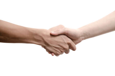 business man and woman shaking hands, isolated on whiteの写真素材