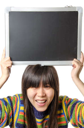 asian woman with blackboard isolated on whiteの写真素材