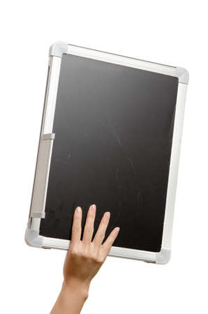 hand white blackboard isolated on whiteの写真素材