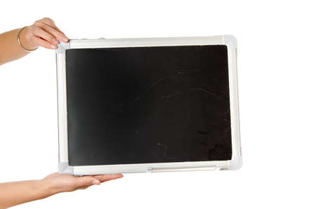hand white blackboard isolated on whiteの写真素材