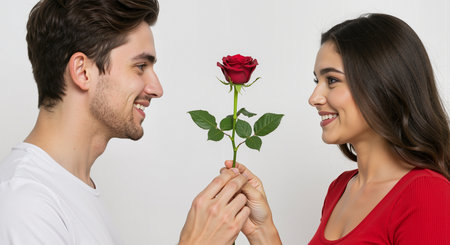 a romantic couple exchanges a red rose, symbolizing love and affection. perfect for valentine's day, anniversaries, or any special occasion. shows the beauty of love and connection between two peopleの素材