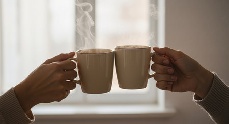 Two hands holding steaming coffee mugs near a window, creating a cozy and relaxing atmosphere. Perfect for a beverage break, sharing a moment, or enjoying a peaceful morning. 200の素材