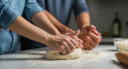a couple is preparing dough together in the kitchen. they are kneading the dough with their hands and flour is scattered around. this is a homemade baking activity for family fun. baking bread togetherの素材