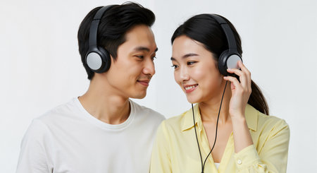 a young asian couple listening to music with headphones. they are enjoying time together in a studio shot on a white background. the couple is smiling and looking at each other with love and affection.の素材