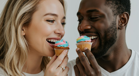 A happy couple enjoys colorful cupcakes, celebrating their love and joy. The sweet treat brings smiles to their faces as they share a special moment together. A bakery dessert for two. 200の素材