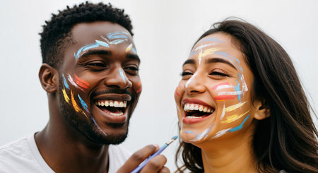 a joyful couple is painting each other's faces with vibrant colors. they are laughing and enjoying a creative moment together outdoors, expressing themselves with art and having fun today.の素材