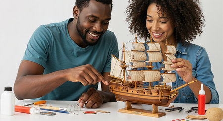 a couple is building a wooden model ship together. they are smiling and seem to be enjoying their time. this is a great hobby for couples or adults who enjoy crafting and building things. it is a fun and relaxing activity.の素材
