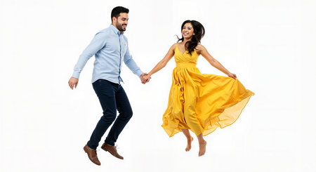 A joyful couple is captured mid-air, holding hands and smiling. The woman wears a vibrant yellow dress, while the man sports a blue shirt and dark jeans. They appear happy and full of energy on white backdrop.の素材