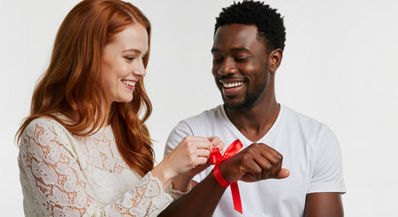 a woman ties a red ribbon on a man's wrist, symbolizing friendship and love. The happy couple shares a joyful moment of connection and affection, set against a clean, white background.の素材