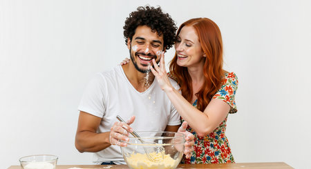 a happy couple is baking together in their kitchen. they are having fun with flour, laughing and enjoying their time. the woman playfully puts flour on the man's face. a joyful and affectionate moment.の素材
