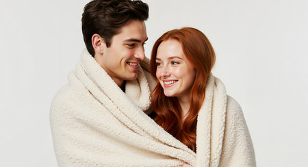 a couple is wrapped in a sherpa blanket. they are smiling and looking at each other. the background is white. it is a studio shot of a cozy and loving moment between the two people. Perfect gift ideaの素材