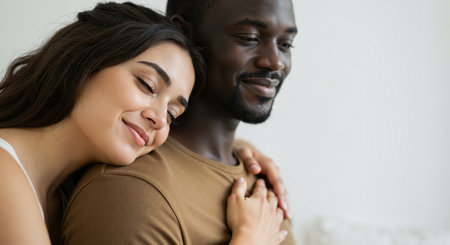 this is an image of a happy interracial couple embracing. the woman is resting her head on the man's shoulder, and he has his arm around her. they both appear content and in love, showing a sweet momentの素材