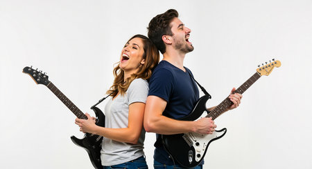 A couple stands back to back playing electric guitars and singing with joy. They are having fun together in a music studio with a white background. Rock and roll music is their passion!の素材