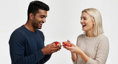 a happy couple exchanging gifts. the man is giving a gift to the woman, and they are both smiling and laughing. this image represents love, happiness, and celebration of a special occasion with a loved one.の素材